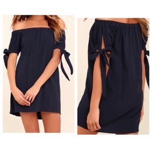 Lulus Al Fresco Evenings Mini Dress Navy Blue Off-the-Shoulder Rayon Women's S.